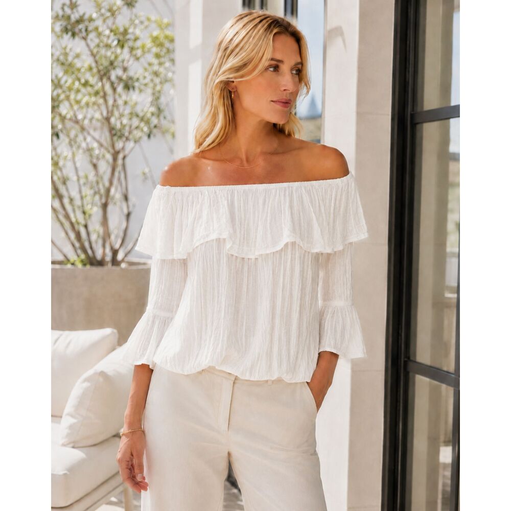 Smythe Off the Shoulder Blouse S Peasant Ruffle Minimalist Flowy Vacation White
